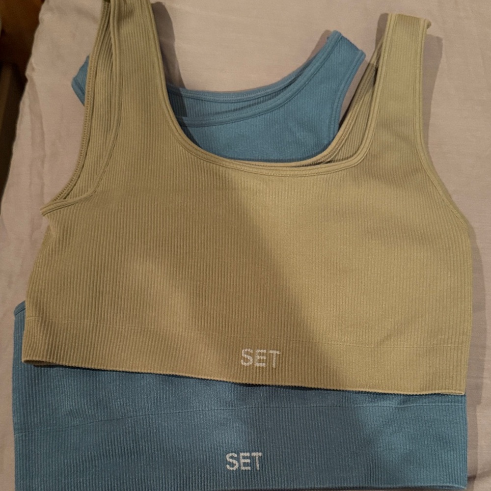 SET Active Olive and Teal Ribbed Tops